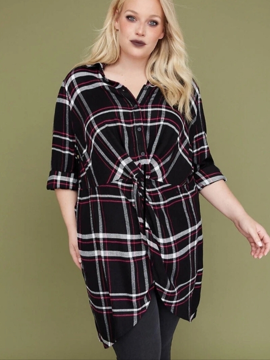Lane Bryant Tops - NWT 100% Rayon Plus-Size Black Plaid Button-Front Tie-Waist Tunic Top Dress 24